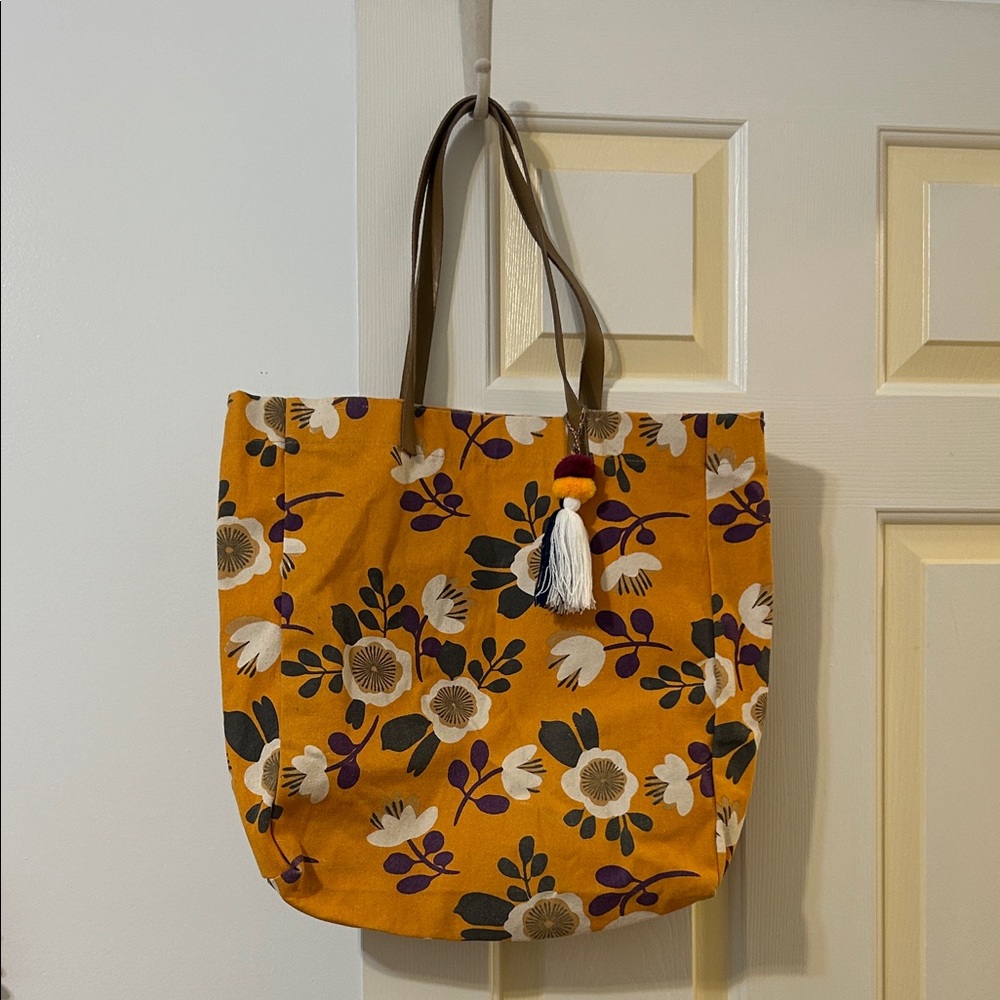 Floral Tote Bag with Tassel - Yellow and Purple